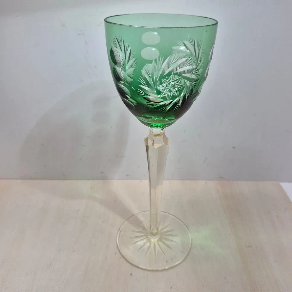 Vintage Emerald Green Cut to Clear Crystal Wine Goblet Faceted Stem 8.25